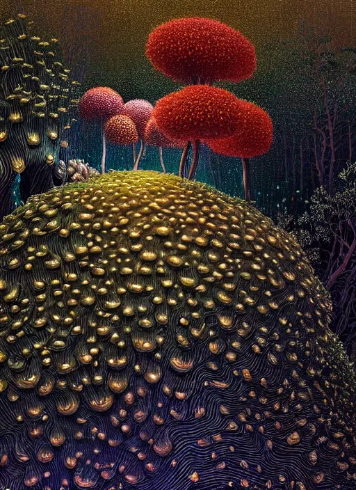 Prompt: hyper detailed 3d render like a Oil painting - polyp blossoms bring iridescent fungal flowers whose spores black the foolish stars in the middle of a dense black forest clearing, the night sky glows in a break above the trees, by Jacek Yerka, Mariusz Lewandowski, Houdini algorithmic generative render, Abstract brush strokes, Masterpiece, Edward Hopper and James Gilleard, Zdzislaw Beksinski, Mark Ryden, Wolfgang Lettl, hints of Yayoi Kasuma, octane render, 8k