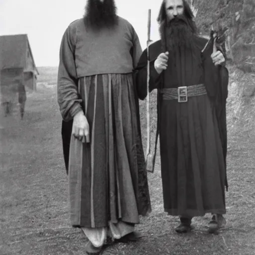 Image similar to super tall breton monks looking like rasputin, with small village woman