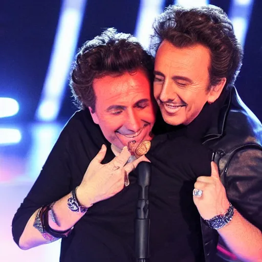 Image similar to marco borsato hugging young star on stage at the voice