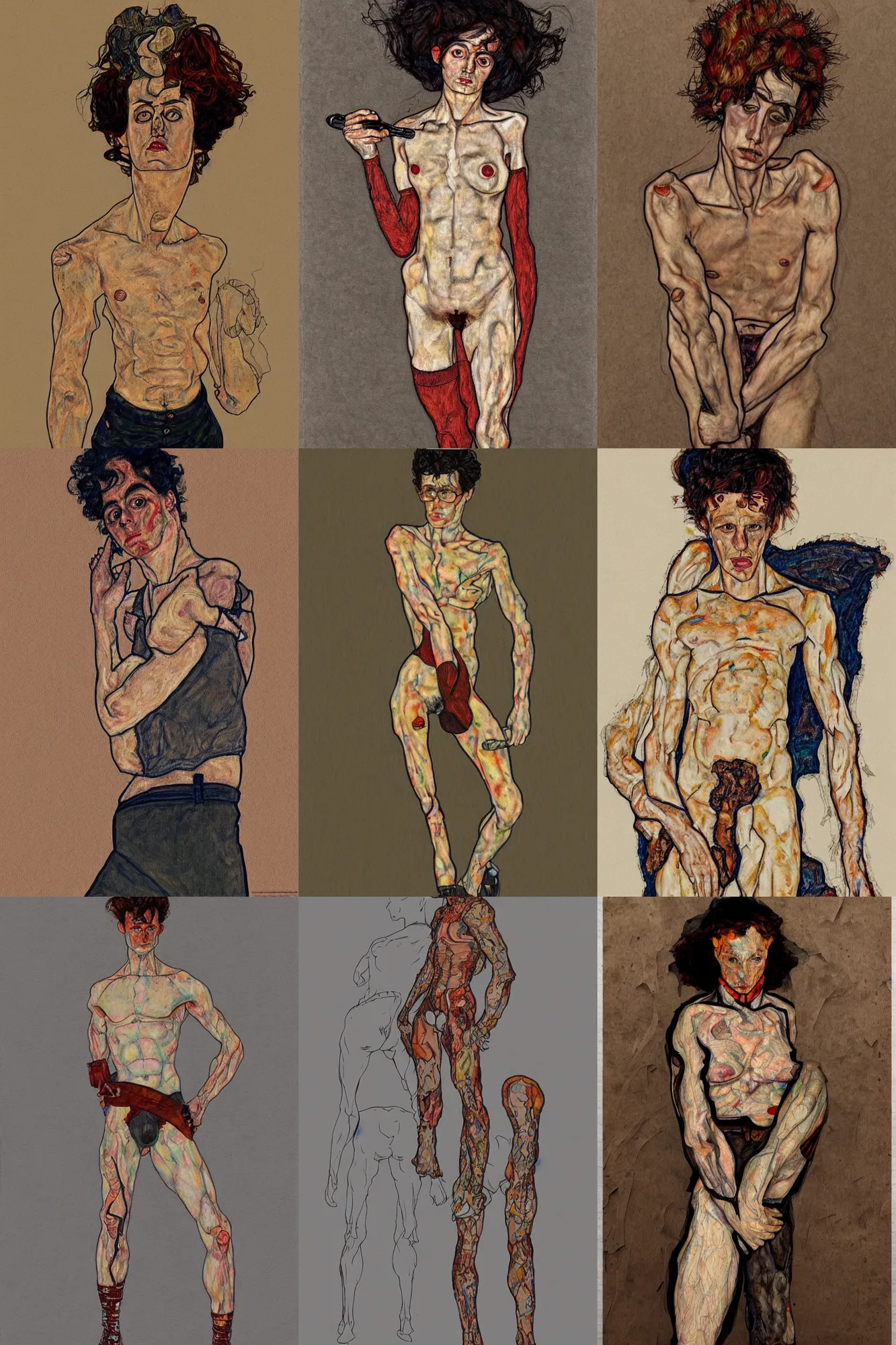 Prompt: a full body character posing in style of egon schiele and heracut, masterpiece, hyperdetailed, complex, intricate, veiled, 8 k, dynamic!! trending on artstation,