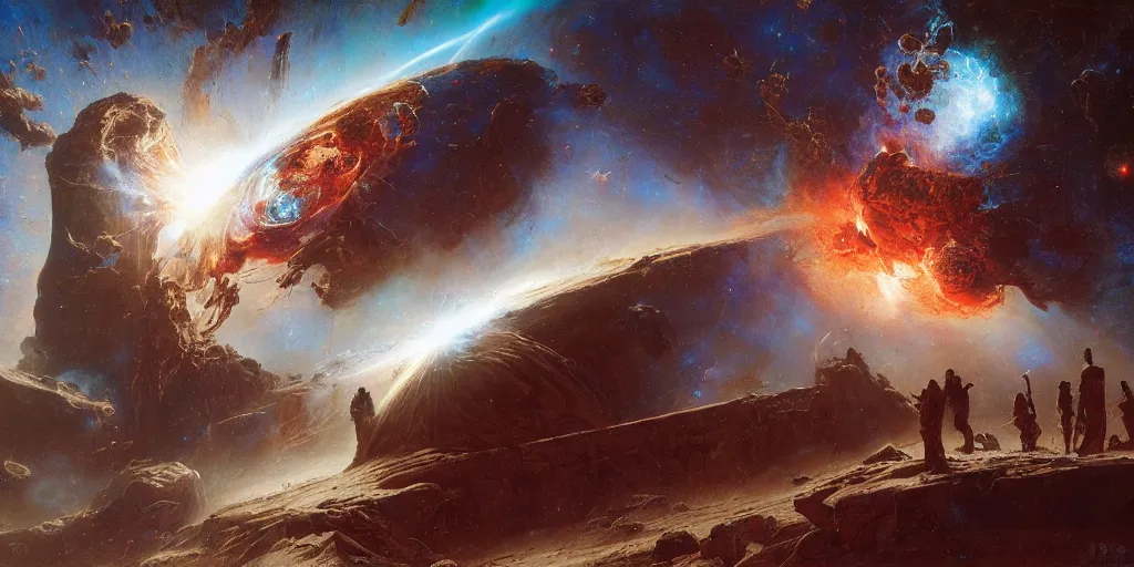 Image similar to supernova, giant space station, elephantine, painted by steve mccurry, ruan jia, raymond swanland, lawrence alma tadema, zdzislaw beksinski, norman rockwell, jack kirby, tom lovell, alex malveda, greg staples