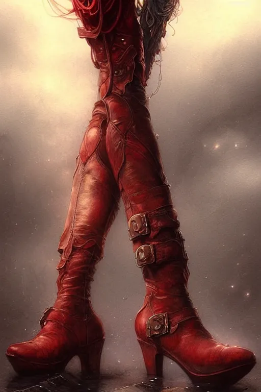 Image similar to red women's boots, shoes only, by wlop, by luis royo, by peter mohrbacher, concept art, digital illustration, intricate, masterpiece, elegant, super detailed, unreal engine rendering, smooth, sharp focus, artstation hq