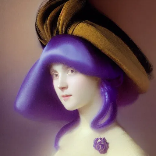 Prompt: a young woman's face, her hair is white and she wears an royal purple satin cloak, by ivan aivazovsky and syd mead and moebius and gaston bussiere and roger dean and pieter claesz and paul delaroche and alma tadema and aelbert cuyp and willem claesz, hyperrealistic, volumetric light, octane render