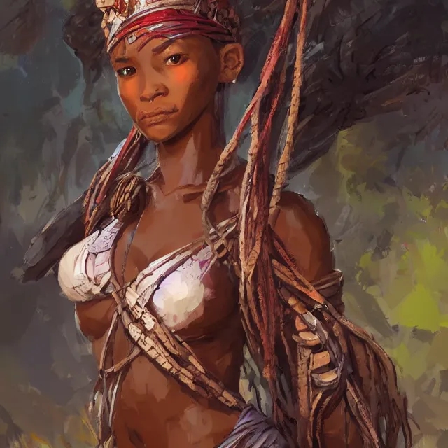 Image similar to a female tribal warrior in the jungle, african. By Makoto Shinkai, Stanley Artgerm Lau, WLOP, Rossdraws, James Jean, Andrei Riabovitchev, Marc Simonetti, krenz cushart, Sakimichan, trending on ArtStation, digital art.