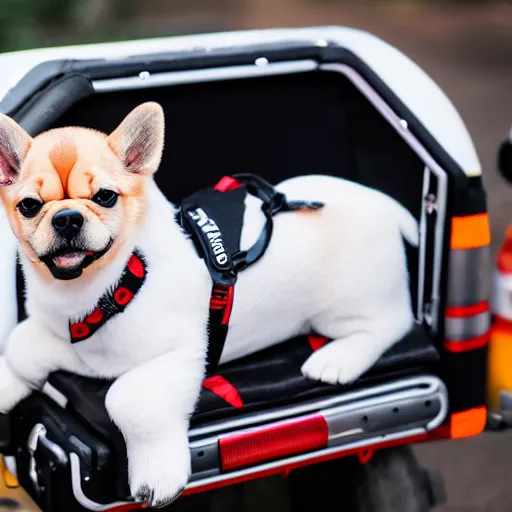 Image similar to a cute puppy wearing an ambulance costume, Canon EOS R3, f/1.4, ISO 200, 1/160s, 8K, RAW, unedited, symmetrical balance, in-frame