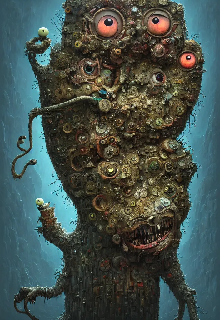Image similar to anthropomorphic highly detailed cute funny neon giant gediminas pranckevicius portrait of a monster in the sinister valley of despair, one mouth, one nose, two eyes, oil painting by tomasz jedruszek, cinematic lighting, pen and ink, anthropomorphic intricate, elegant, highly detailed, digital painting, artstation,