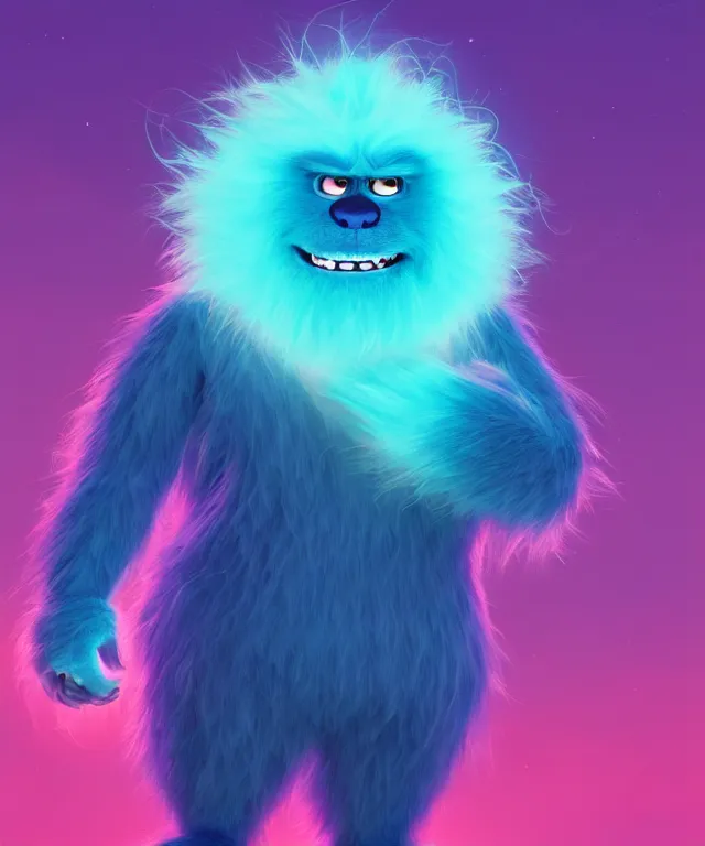 Image similar to a big furry monster made of bioluminescence in the art style of monsters inc, fantasy, elegant, crisp 8 k line art, digital painting, artstation, unreal engine, octane render, emissive lighting, concept art, matte, sharp focus, hyper realistic lighting, illustration, deep royal blue and pink color scheme, art by dave kendall