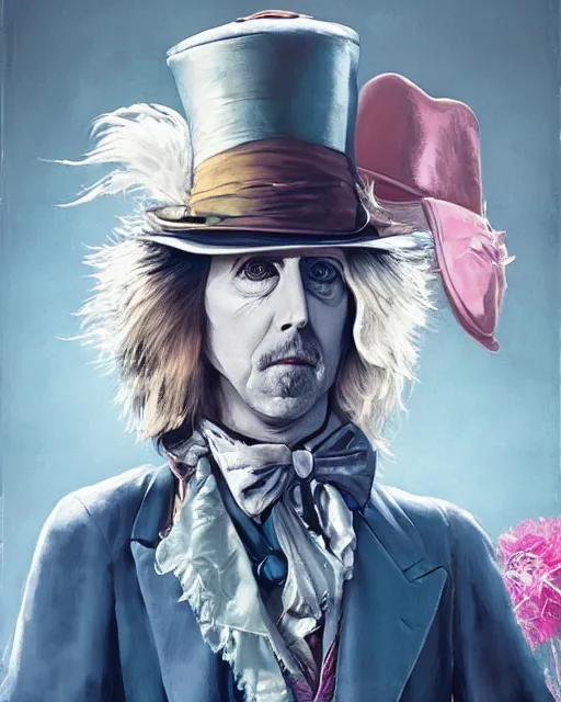 Image similar to tom petty as the mad hatter, contrast, kim jung gi, greg rutkowski, zabrocki, karlkka, jayison devadas, trending on artstation, 8 k, ultra wide angle, zenith view, pincushion lens effect