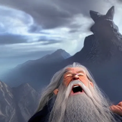 Image similar to Gandalf the Grey confidently taking a Selfie on the mountain, a balrog in the background looming,