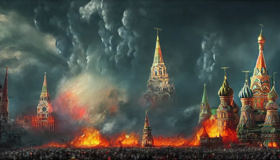 Prompt: Fire and explosions on Red Square, St Basil cathedral is destroyed by a nuke, sci-fi concept art, nuclear mushroom, lots of fire, panic, dark, clouds, 8k, high detail, advanced rendering whimsically designed art, 4k post-processing highly detailed, Soft illumination