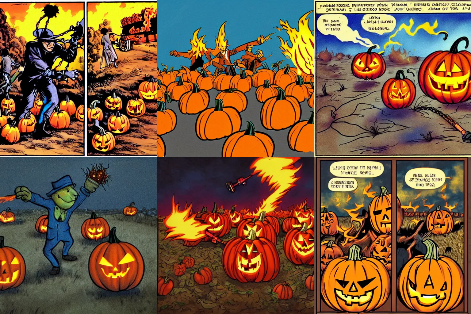 Image similar to Pumpkins holding flamethrowers fighting Scarecrows, comic panel