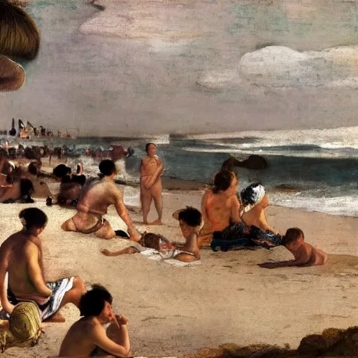 Prompt: A beautiful photograph of a group of people on a beach. The colors are muted and the overall tone is serene. The people are all engaged in different activities, from reading to playing games, and the artwork seems to be capturing a moment of peace and relaxation. by Paolo Veronese, by James Abbott McNeill Whistler, by Ed Emshwiller