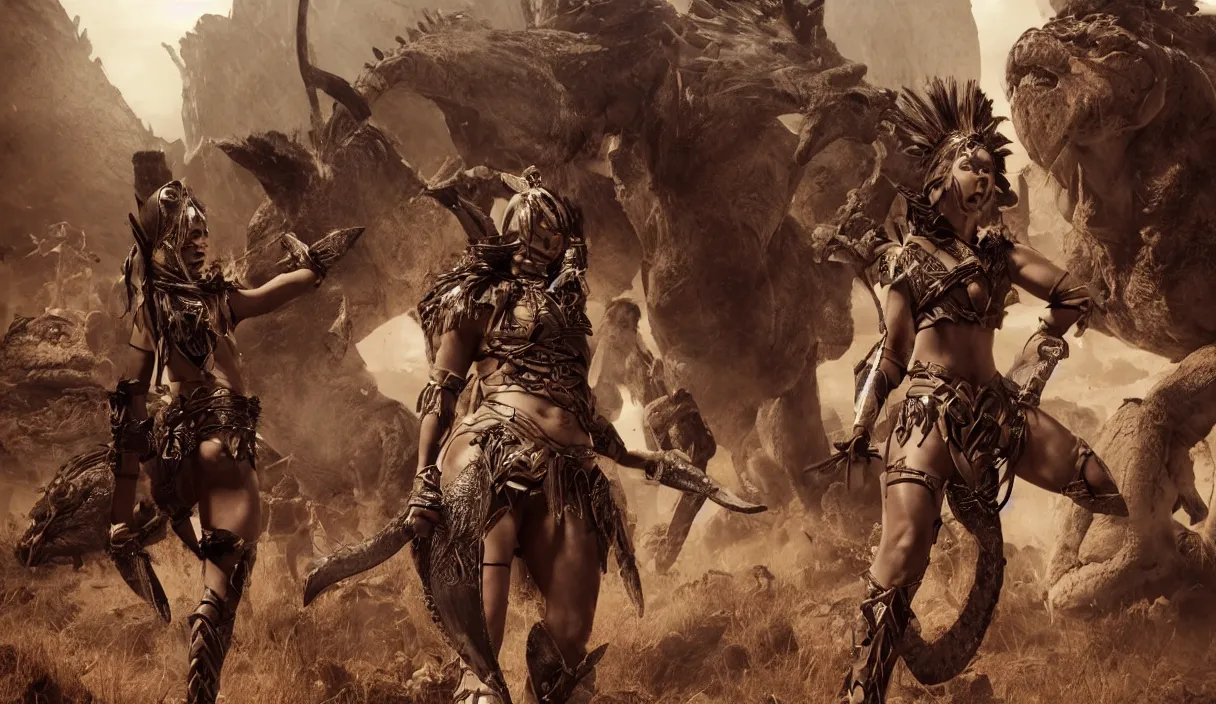 Image similar to long distance photo of ancient tribewoman standing against barbarians, in armor from monster hunter, attacking barbarian horde in the background, back shot, muscular bodies, dramatic lighting, cinematic, establishing shot, extremely high detail, photorealistic, 300 the movie,monster hunter the movie, dune the movie, cinematic lighting, artstation, octane render, western,old photo, vintage