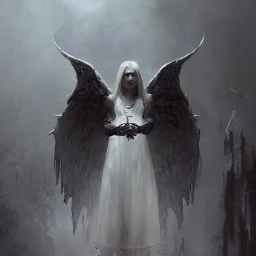 Prompt: in the drakest place in the world, a world of horror, films of all time : : and a stunning white gothic angel, is the experience of all, members of your family who, and reward players for their success, concept art, artwork by greg rutkowski, trending