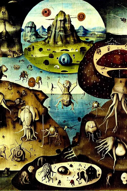 Image similar to a beautiful tardigrade landscape with weird tardigrade creatures by hieronymus bosch and dali