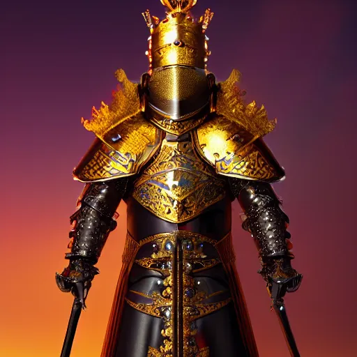 Image similar to a highly detailed knight with glowing purple eyes in a golden helmet and a golden crown with a diamond in the center, golden armor, leather clothes under the armor, leather gloves, holds a black sword, artstation, DeviantArt, professional, octane render, sunset lighting