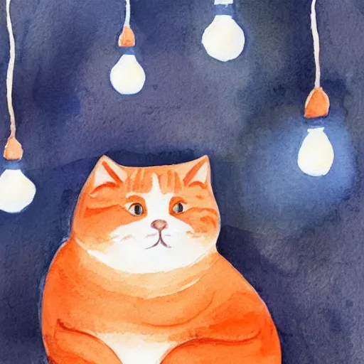 Prompt: A fat, cute orange cat in a beautiful room, cozy, watercolor on paper by ANNA LEA HUCHT, details, lights, beautiful