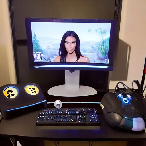 Image similar to still of kim kardashian as a twitch streamer, gaming room,