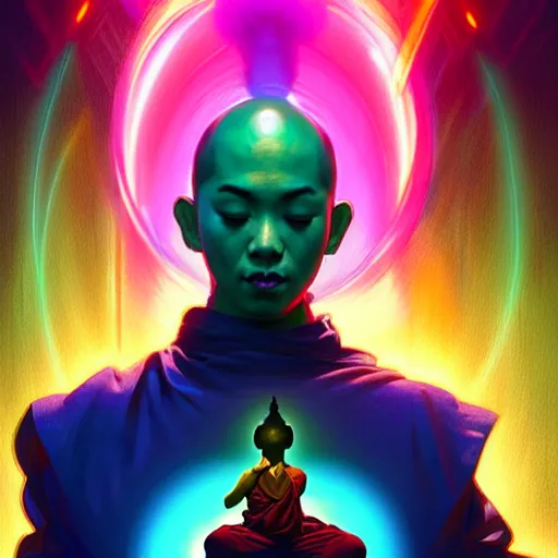 Image similar to a floating monk meditating, channeling swirling energy, wearing cyberpunk clothing, vaporwave aesthetic, colorful, psychedelic, digital painting, artstation, concept art, smooth, sharp focus, illustration, art by artgerm and greg rutkowski and alphonse mucha