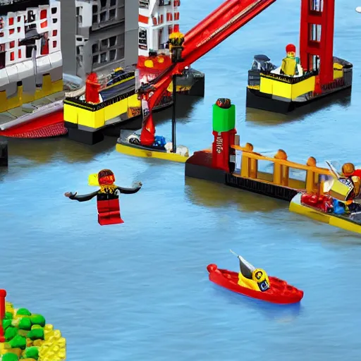 Image similar to a man has fallen into the river in lego city