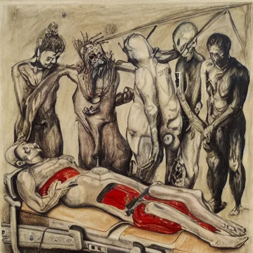 Prompt: by otto dix, by clive barker balmy, peaceful ancient roman. a beautiful drawing of a team of surgeons gathered around a patient on an operating table, with one surgeon in the process of cutting into the patient's chest. the drawing is full of intense colors & brushstrokes, conveying the urgency & intensity of the surgery.