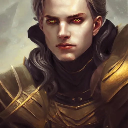 Prompt: a detailed matte head - on portrait painting of an tiefling nobleman with white skin, golden eyes and short well kept hair, by charlie bowater, lise deharme, wlop, tending on arstation, dungeons and dragon, dnd, pathfinder, fanart, oil on canvas