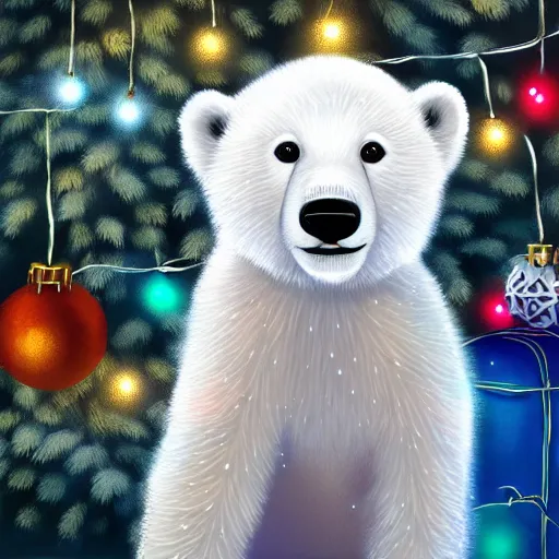 Image similar to cute fluffy white baby polar bear cub sitting in snowy winter christmas tree landscape with holiday lights detailed painting 4k