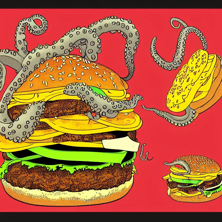 Image similar to illustration of a an octopus inside a cheeseburger, highly detailed, 8 k, vintage, screen print, trending on artstation