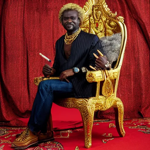 Prompt: african geert wilders wearing a silk shirt and many gold rings and necklaces, sitting in a red plush throne and smoking a cigar, 8 k, hdr, great light, gustave courbet, annie leibowitz