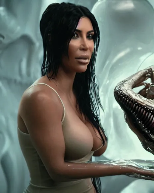 Image similar to film still of kim kardashian being fed by an xenomorph slathered in a transparent alien liquid, wet flowing hair, gooey skin, illustration, unreal engine 5, 8 k, directed by h. r. giger.