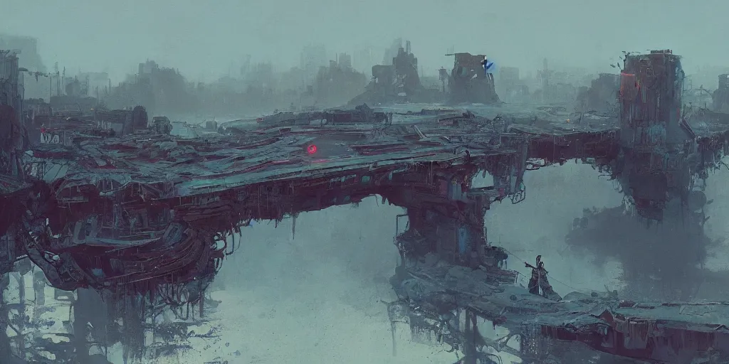 Prompt: concept art of a ruined bridge crossing a polluted lake filled with shipwrecks, grimy, gritty, blade runner 2 0 4 9, trending on artstation, award winning painting, cgi, art by john berkey and anton fadeev and john howe and simon stalenhag