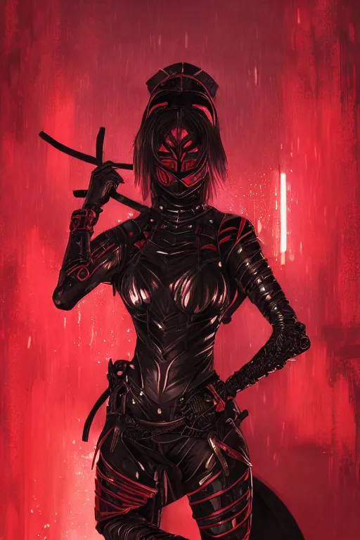 Image similar to portrait Ninja gaiden girl, armored black and red ninja wardrobe, in ruin japanese rainny temple night, ssci-fi and fantasy, intricate and very very beautiful and elegant, highly detailed, digital painting, artstation, concept art, smooth and sharp focus, illustration, art by tian zi and WLOP and alphonse mucha