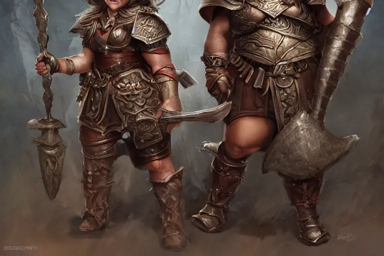 Prompt: robust and mighty female dwarf warrior | short stocky stature | wide body | d&d | iron chestplate | Aleksi Briclot |
