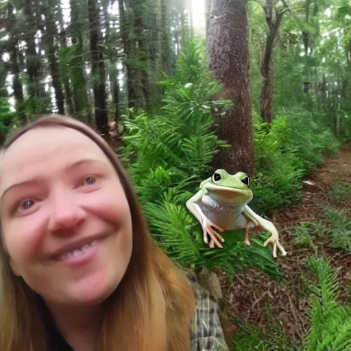 Prompt: selfie of 2 frogs in the forest