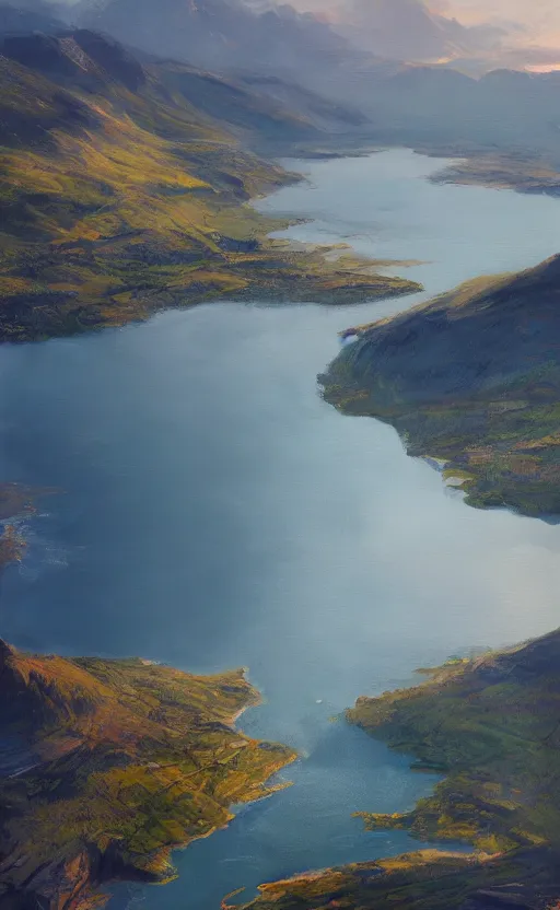 Image similar to nordic fjord, summer morning light, aerial view, cinematic light, soft illumination, cinematic composition, wide - angle, atmospheric, oil painting, trending on artstation