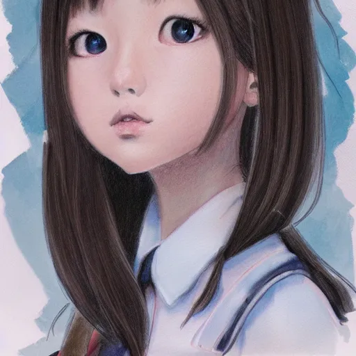 Prompt: a perfect, realistic professional digital sketch of a semirealistic schoolgirl, by pen and watercolor, by a professional Chinese Korean artist on ArtStation, on high-quality paper