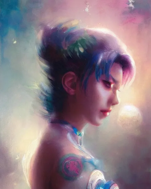 Image similar to a beautiful painting of sailor moon as a real girl, sailor moon hairstyle, oriental tattoos, realism, kawaii, ethereal, by jeremy mann and greg rutkowski, dramatic earth colors, few vivid blue highlights, trending on artstation, pixiv, oil on canvas