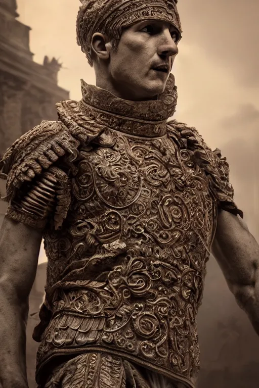 Prompt: a photo of julius caesar, ancient roman setting, dynamic pose, close - up, intricate details, intricately detailed clothing, intricate textures, warm lighting, vivid colors, smoke and mist, realistic octane render, hyper realistic render, volumetric shading, depth of field, raytracing, 8 k,