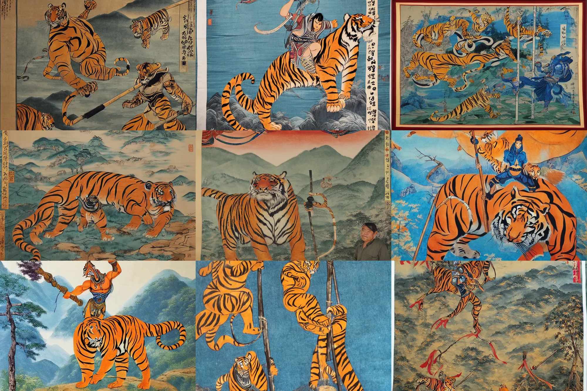 Prompt: hanging silk scroll, protoss holding a pole, tiger, korean countryside