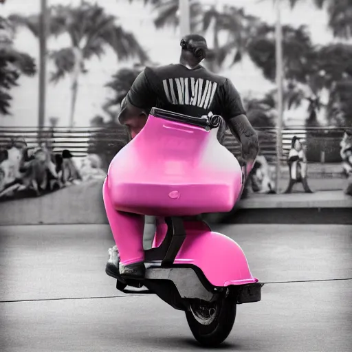 Image similar to paparazzi photo of Lebron James on a pink scooter in a skatepark, ultra high definition, professional photography, dynamic shot, smiling, high angle view, portrait, Cinematic focus, Polaroid photo, vintage, neutral colors, soft lights, foggy, by Steve Hanks, by Serov Valentin, by lisa yuskavage, by Andrei Tarkovsky 8k render, detailed, oil on canvas