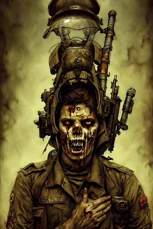 Prompt: soldier zombie | esoteric symbolism | jean - baptiste monge, esao andrews, bastien lecouffe - deharme, tim jacobus, ken currie | ultra - detailed realism, soft cinematic lighting, hi - fructose, artstation, high - quality, ink watercolors wes anderson poster art