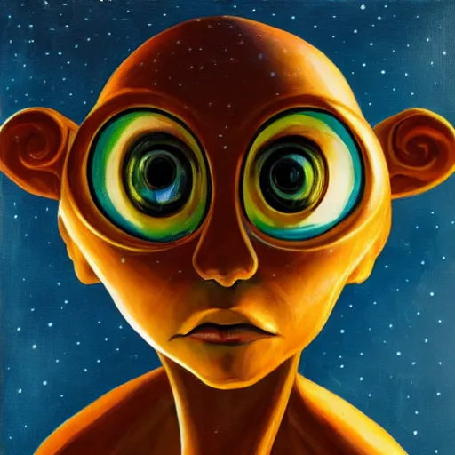 Image similar to a professionally painted portrait of a typical alien with large eyes, friendly, symmetry, golden hour, 8k, HD