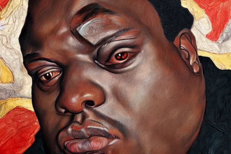 Image similar to a realistic portrait of biggie smalls in style of egon schiele, masterpiece, hyperdetailed, complex, intricate, 4 k, trending on artstation