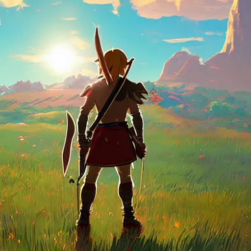 Image similar to a ultra detail picture portrait of A warrior in shimmering armor, the sun at their back, strides forward with sword held high. They are the embodiment of courage and strength, and they are ready to fight for what is right. vivid tones, wide angle, by miyazaki, nausicaa ghibli, breath of the wild, 8k, photorealistic,