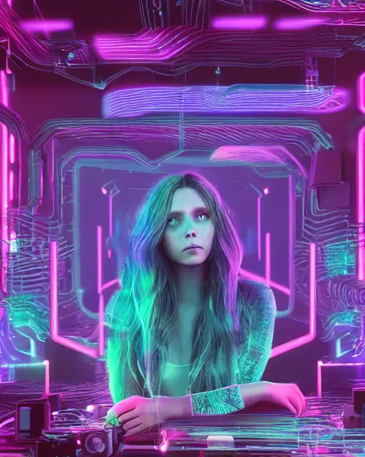 Prompt: [ elizabeth olsen ]! [ 3 d render, made of wires and metallic material ]!! sitting in a [ cyberpunk club ]!!, [ 4 k digital art ]!!, neon atmosphere, volumetric lighting, bioluminescent coloring, afrofuturism, illustrated by rajmund kanelba, cgsociety contest winner, intricate