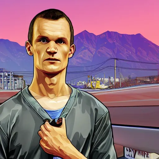 Prompt: Vitalik Buterin in GTA V cover art