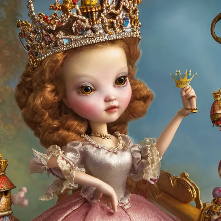 Image similar to highly detailed closeup, profile portrait of a tin toy fairytale princess wearing a crown, unreal engine, nicoletta ceccoli, mark ryden, earl norem, lostfish, global illumination, detailed and intricate environment