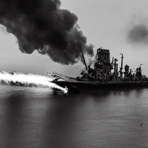 Prompt: steampunk battleship sinking on fire, huge flames everywhere, clouds of smoke, bird's eye view, cinematic full shot, 120 film black and white photograph, high res