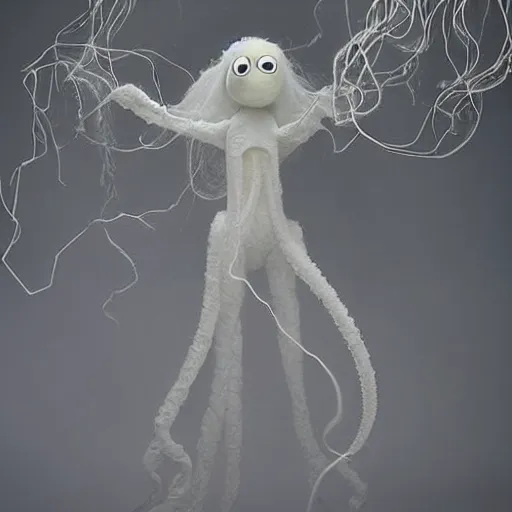 Image similar to ethereal ghostly live action muppet wraith like figure with a parasitic squid head, four long tentacles for arms that flow gracefully at its sides like a cloak, a long fluffy snake tail instead of legs, it stalks around frozen forests searching for lost souls to consume, hides in the shadows of trees, this character uses hydrokinesis and electrokinesis, it is a real muppet by sesame street, photo realistic, real, realistic, felt, stopmotion, photography, sesame street