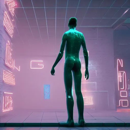 Image similar to a human sculpted out of rain, neon, rendered in octane, unreal engine, highly detailed, realistic, beautiful, emotional